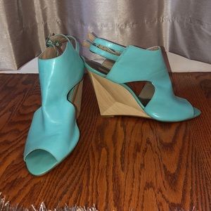 Turquoise Blue wood heel wedges